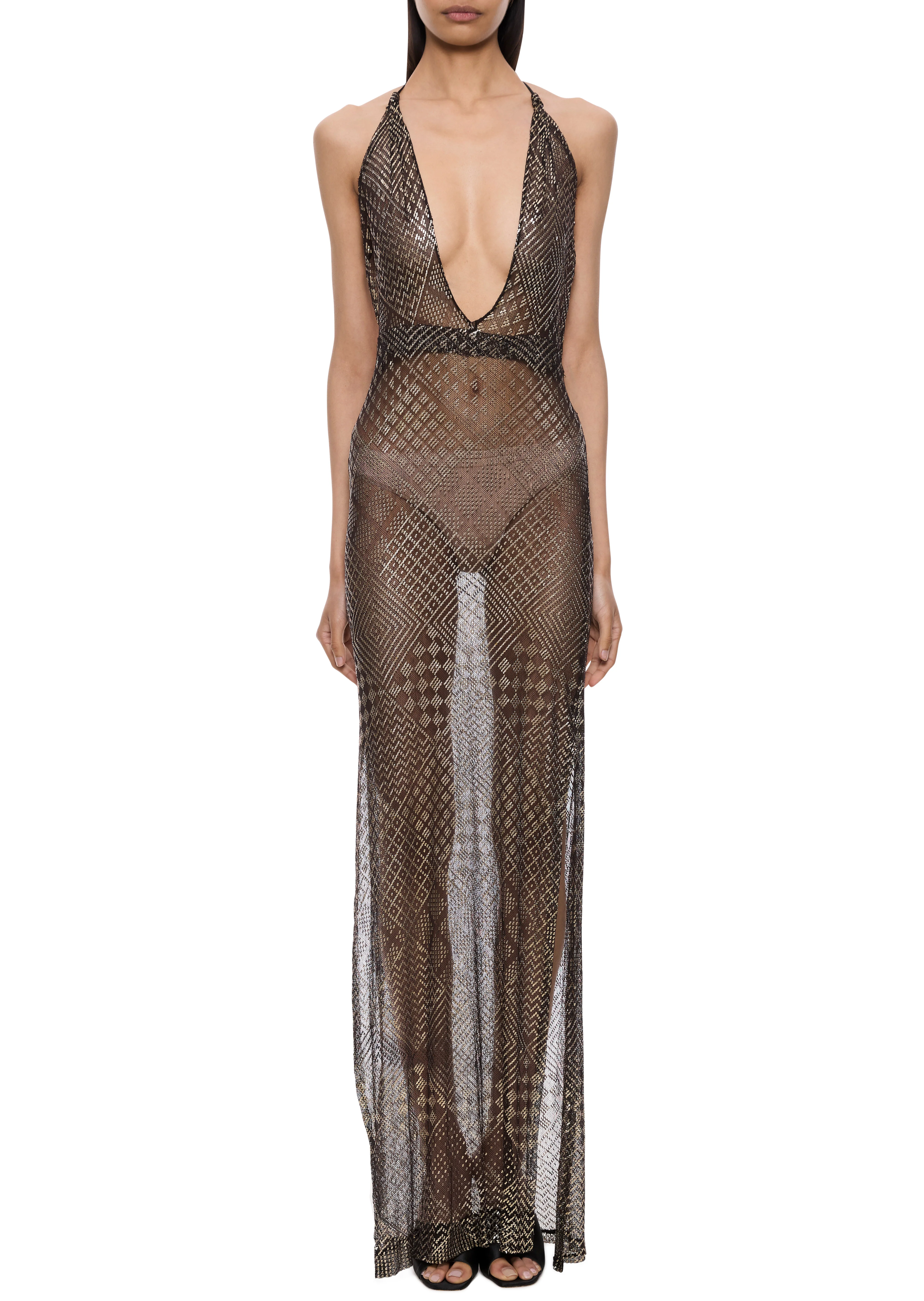 1920s Black and Silver Egyptian Sheer Plunge Gown - Image 2