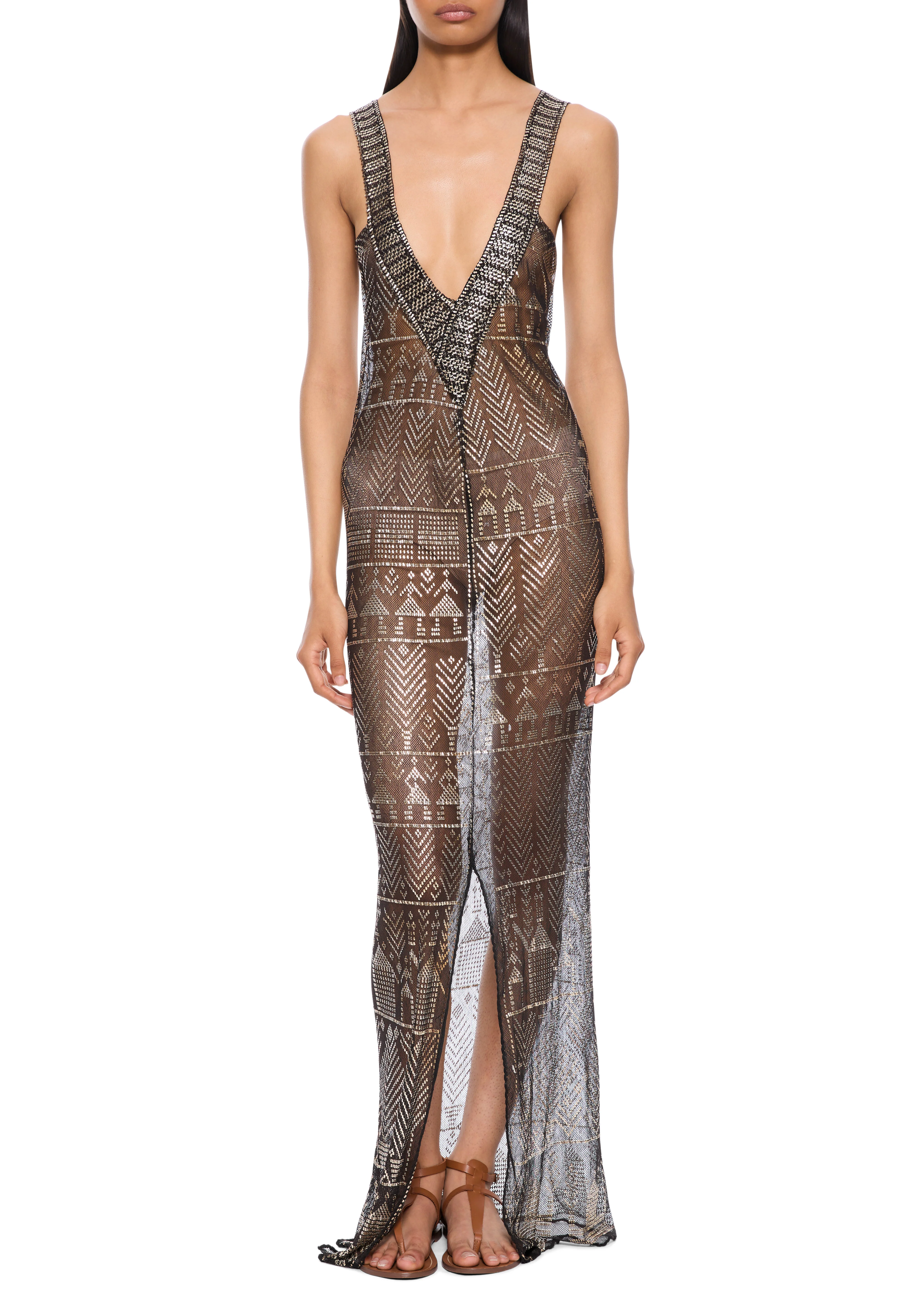 1920s Egyptian Geometric Gown with Feather Cape - Image 2