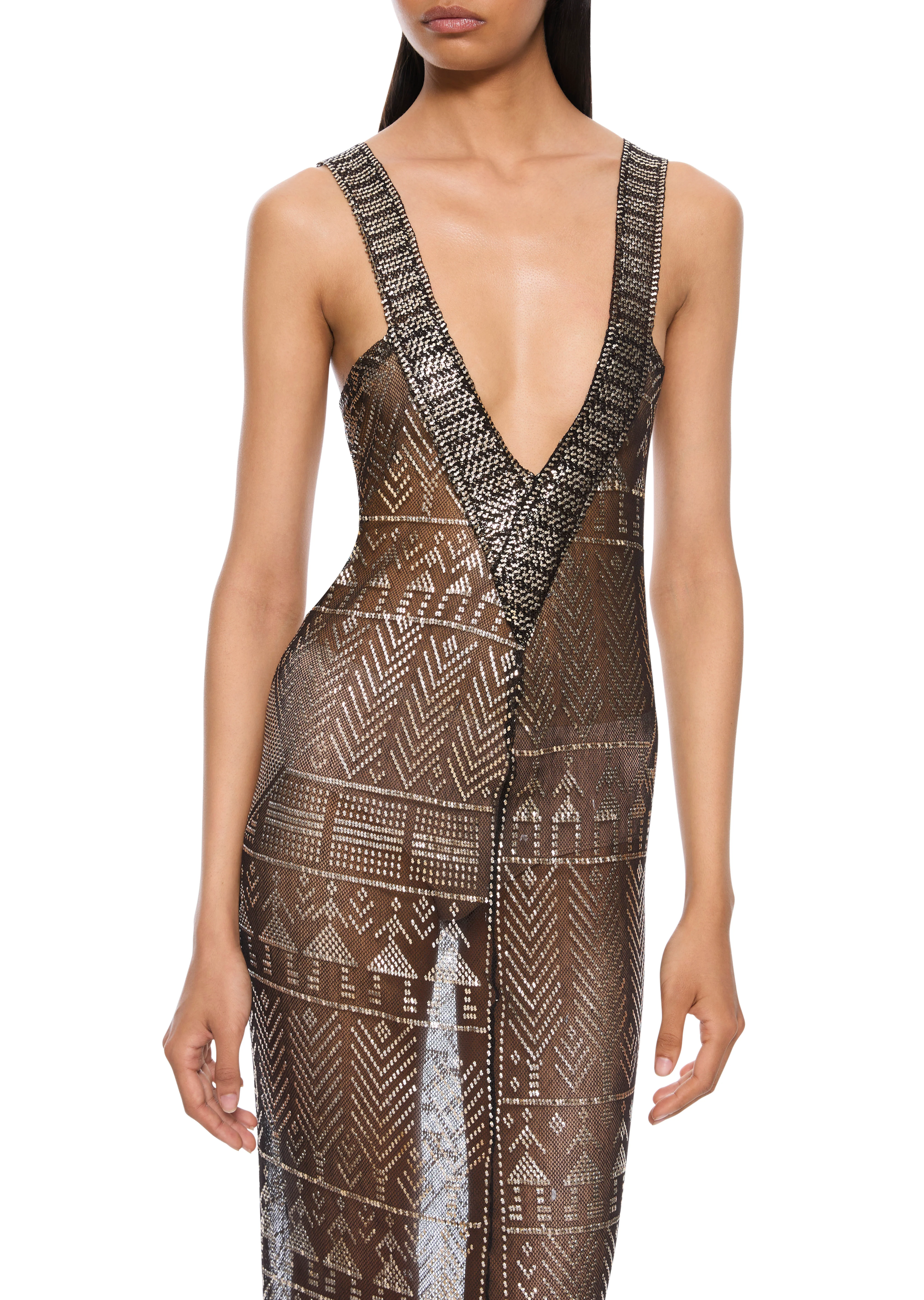1920s Egyptian Geometric Gown with Feather Cape - Image 4
