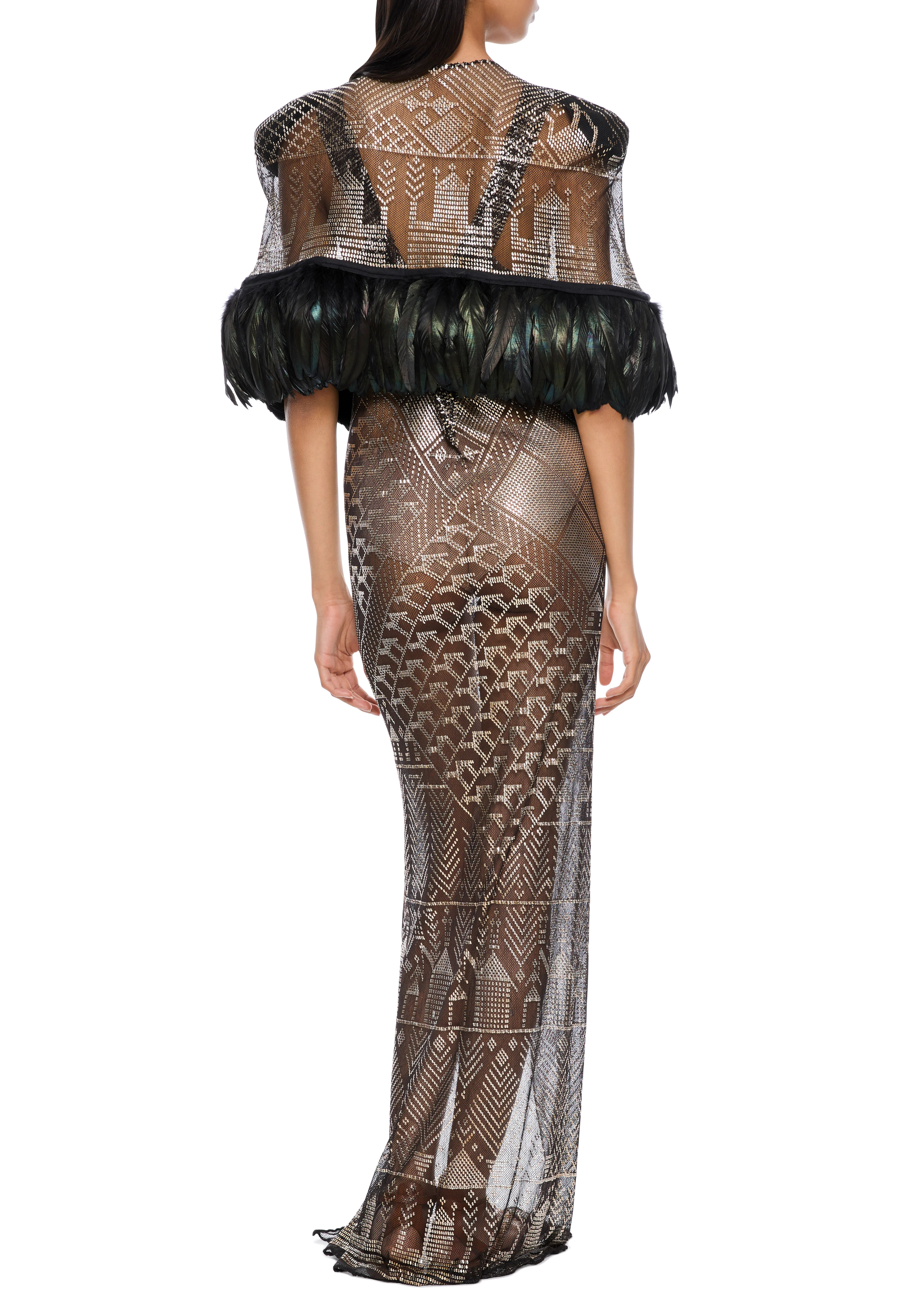 1920s Egyptian Geometric Gown with Feather Cape - Image 6