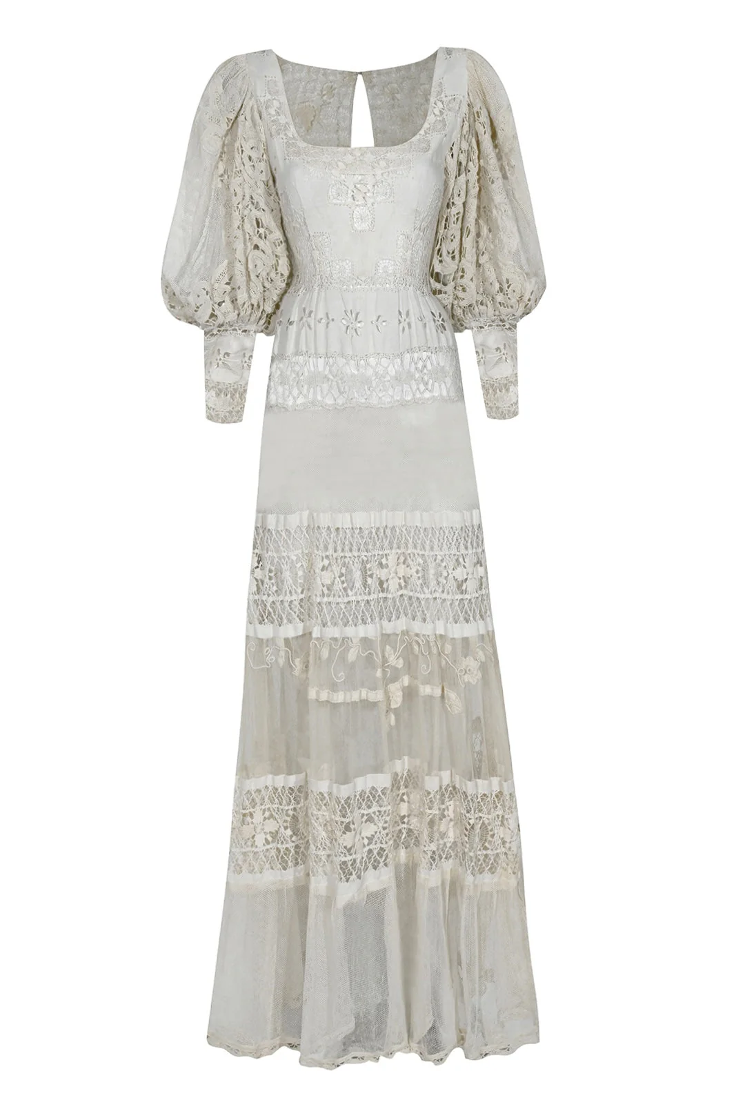 1920s Ivory Handmade Lace Gown with Puffball Sleeves - Image 7