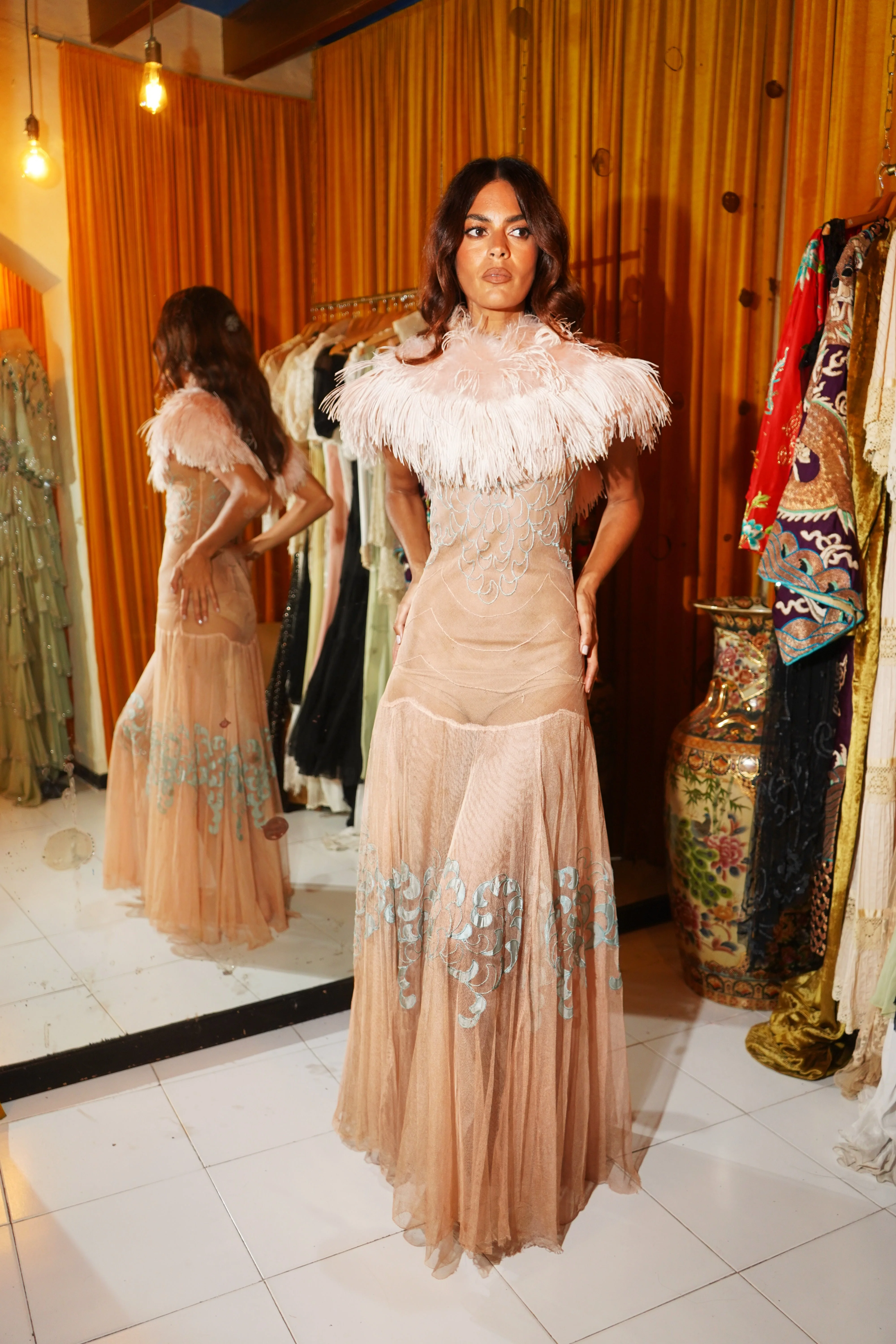 1920s Light Peach Tulle Embroidered Gown - Image 6