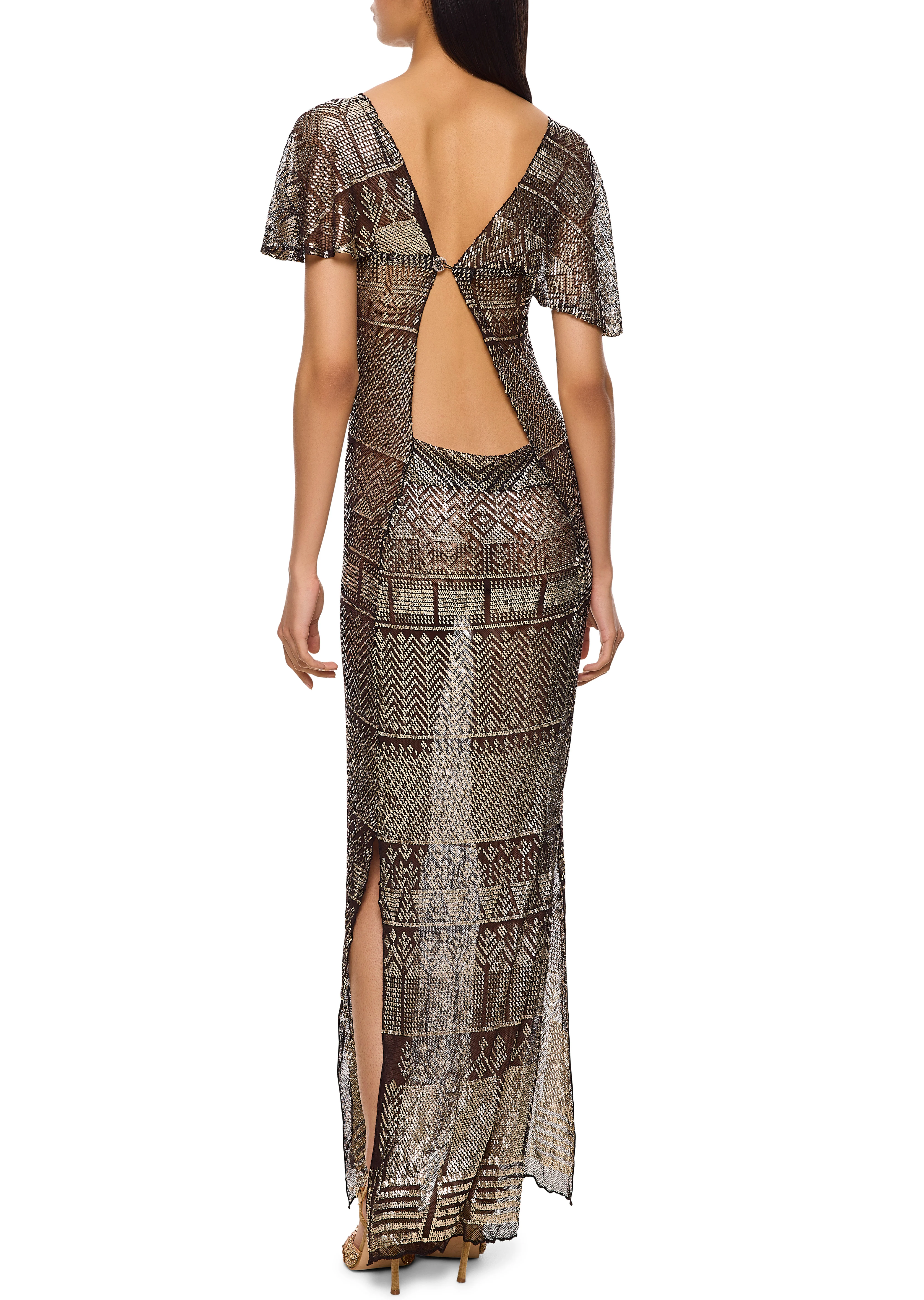 1920s Silver Egyptian Gown with Caped Sleeves - Image 3