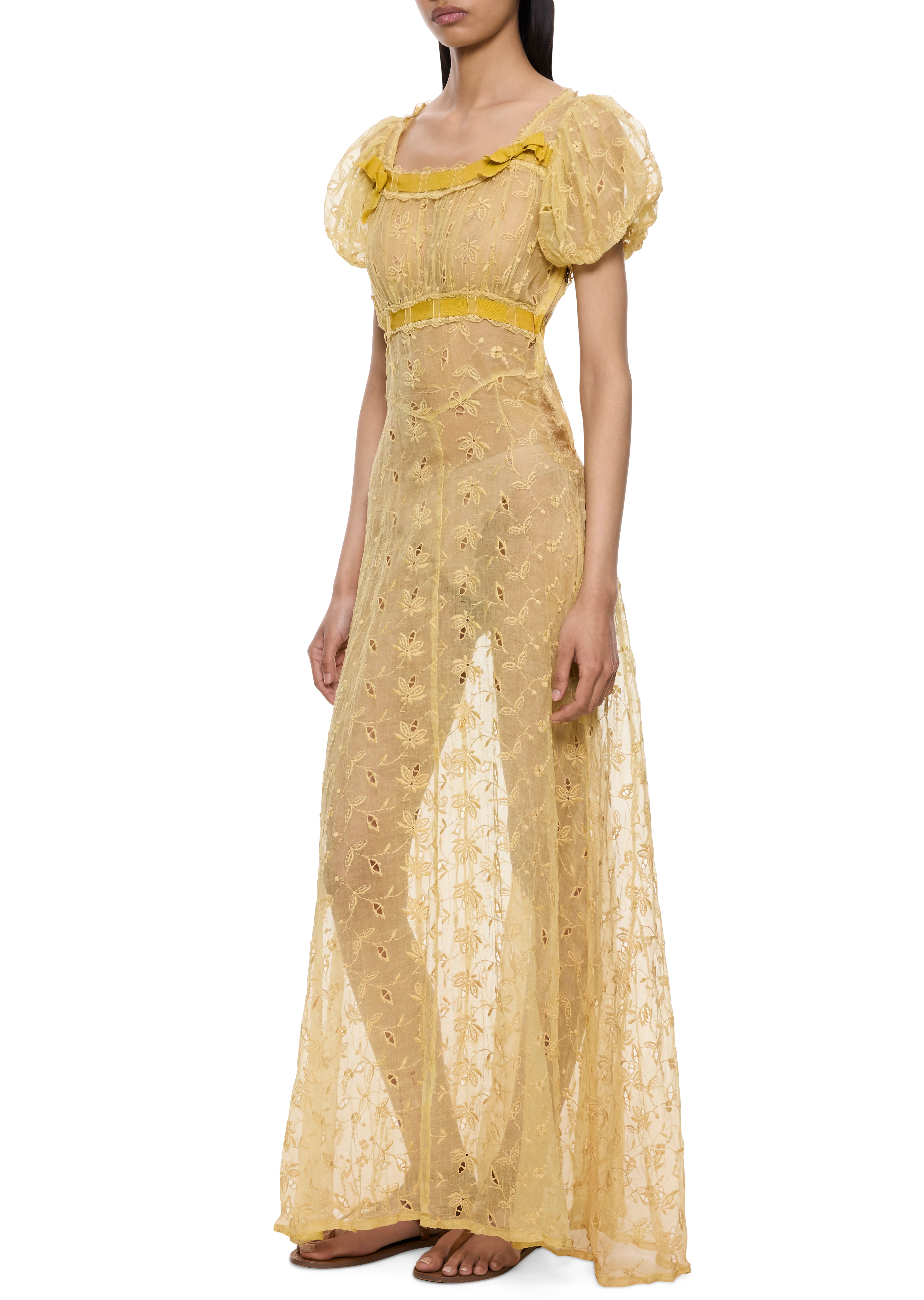 1930s Buttercup Yellow Embroidery Anglaise Dress - Image 2