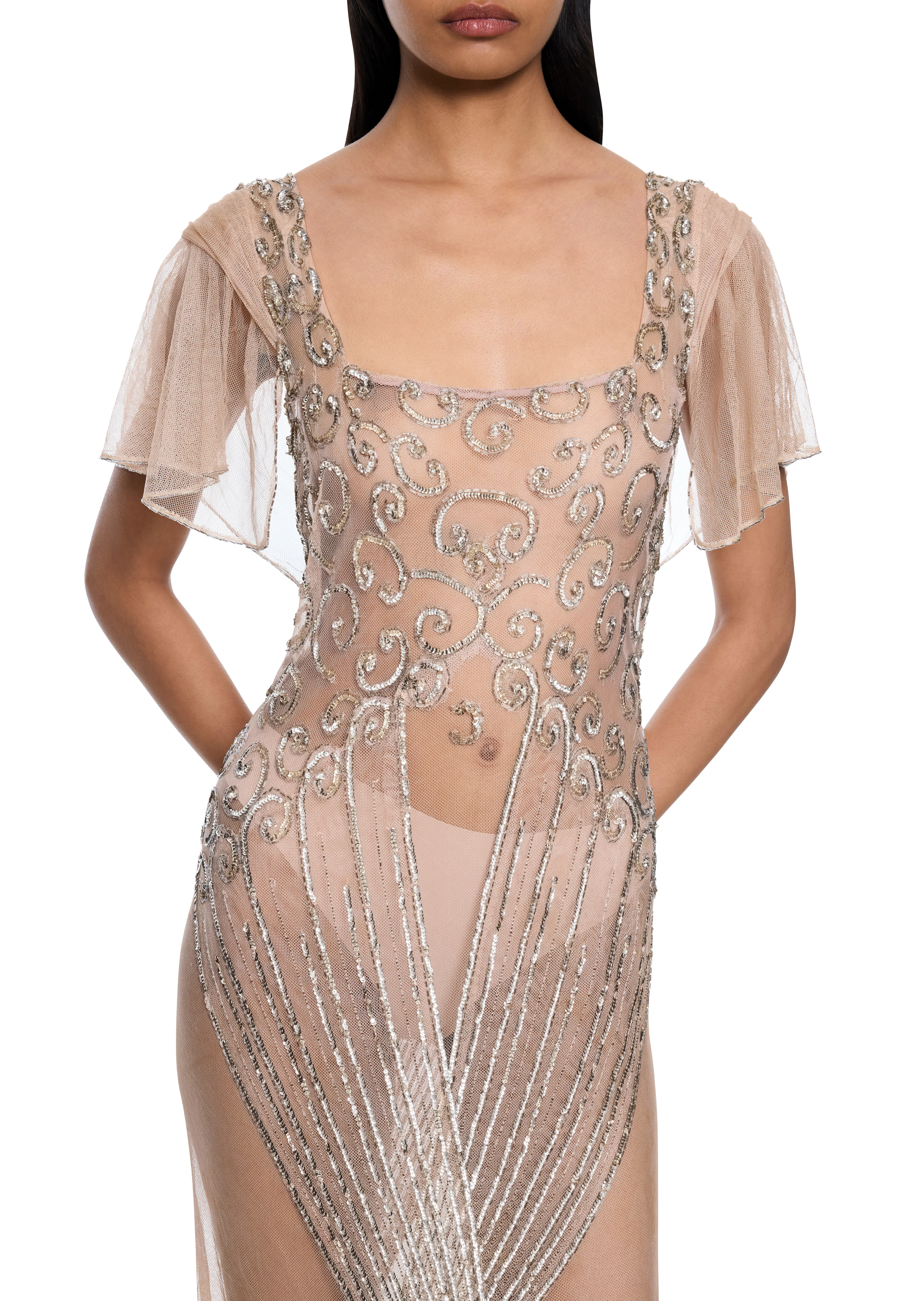 1930s Champagne Silk Chiffon Embroidered Gown - Image 3