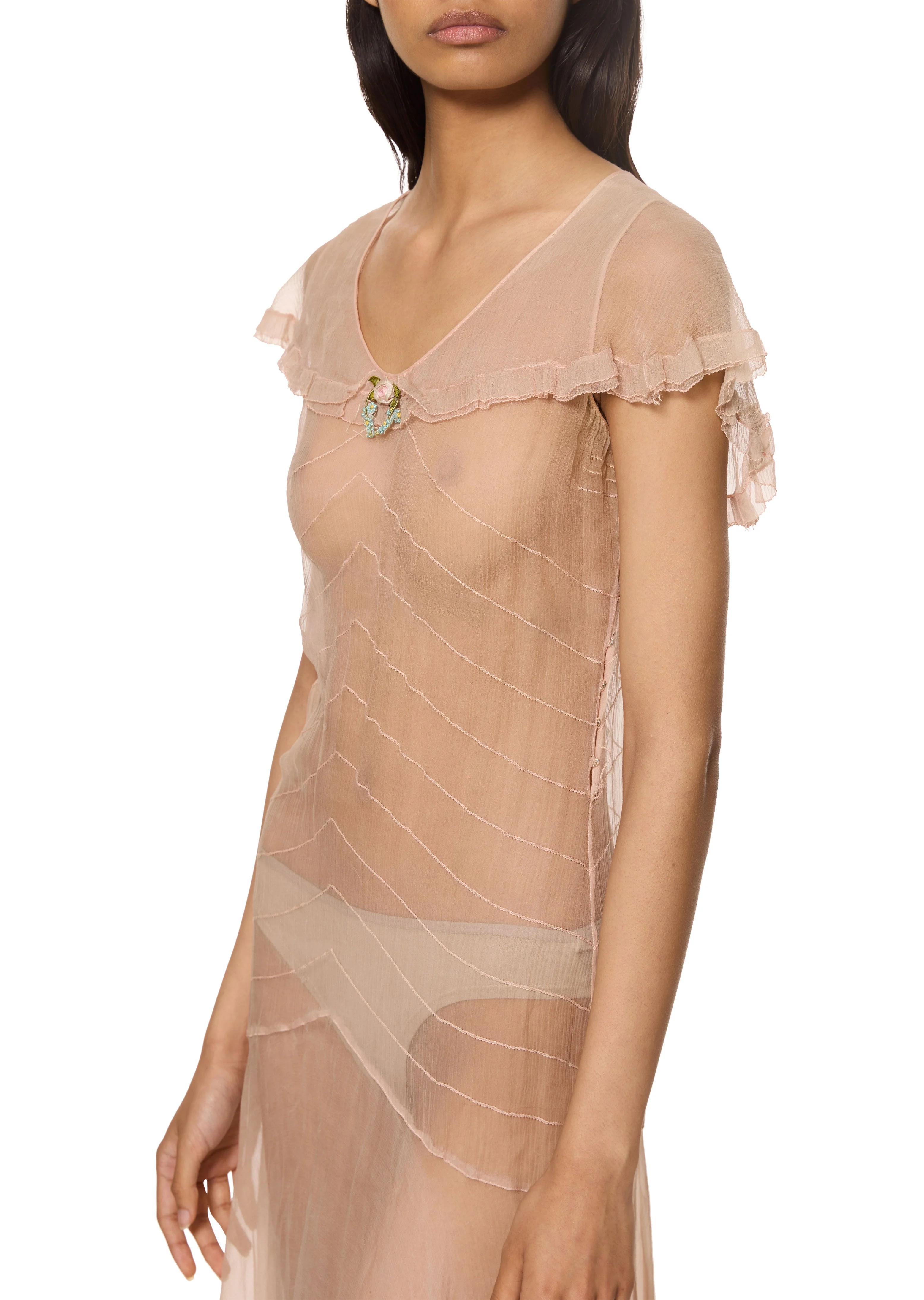 1930s Dusty Pink Sheer Dress with Rosette - Image 3