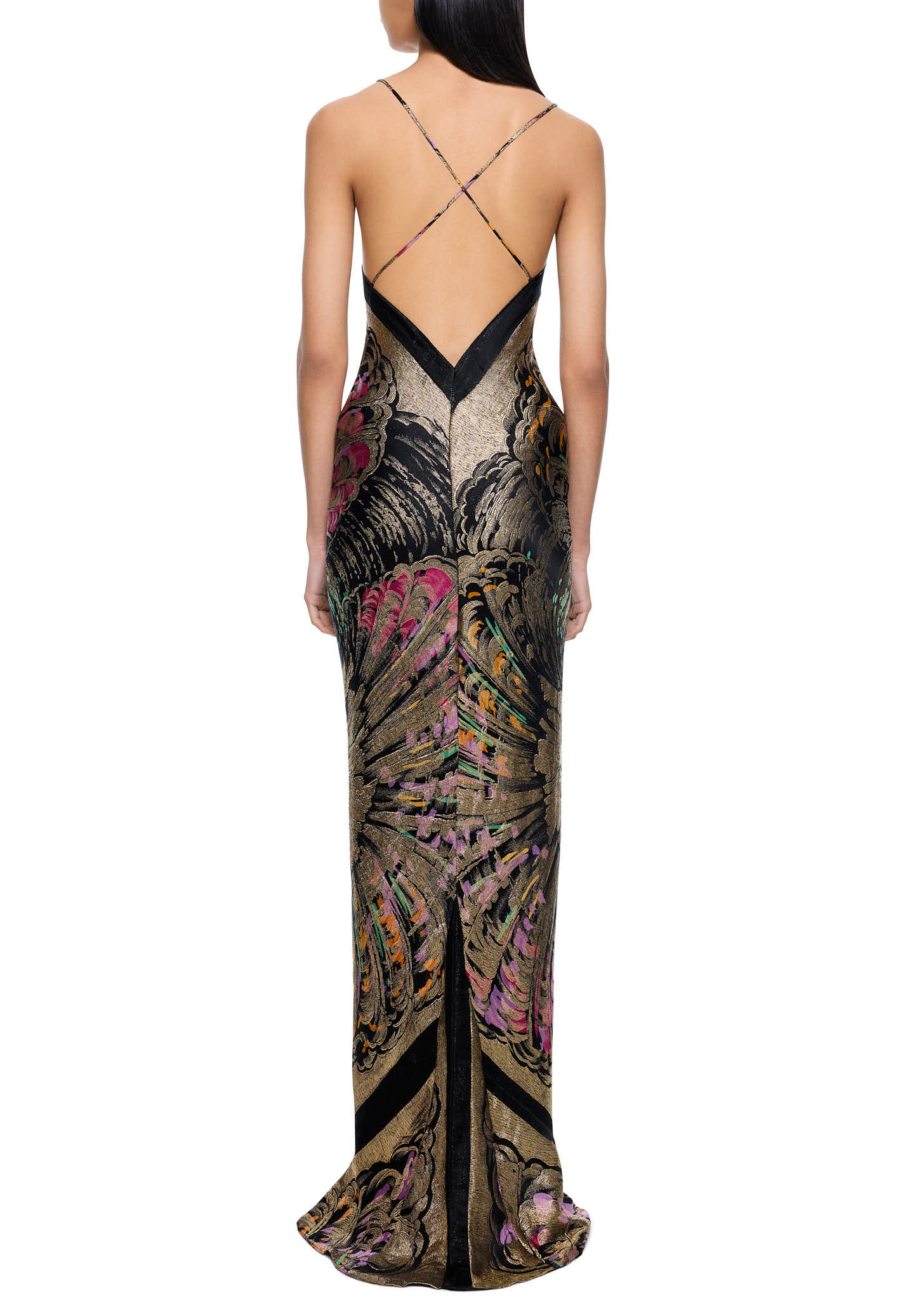 1930s Feather Burst Printed Lamé Gown - Image 3