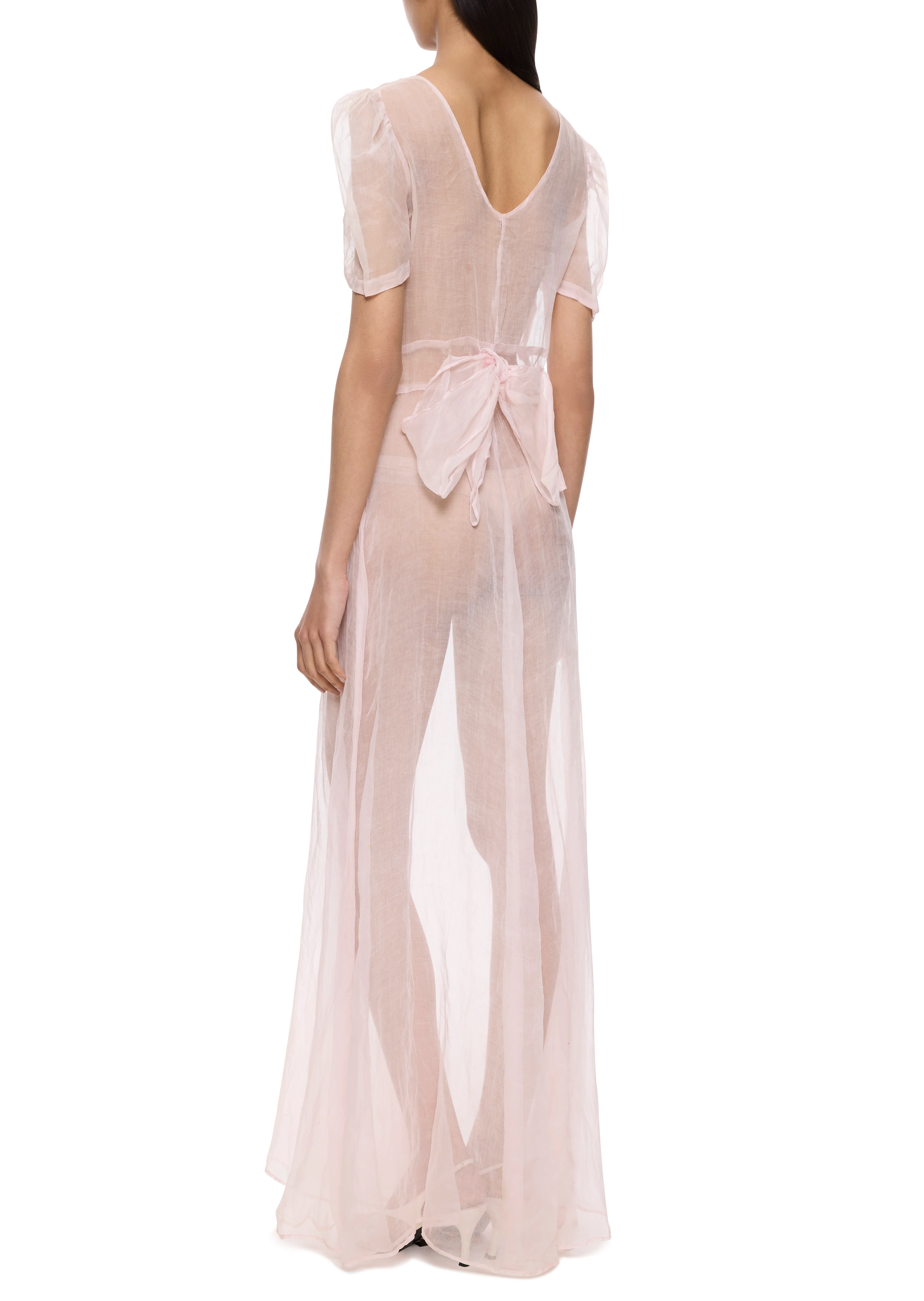 1930s Sheer Pink Chiffon Gown with Puffed Sleeves - Image 4
