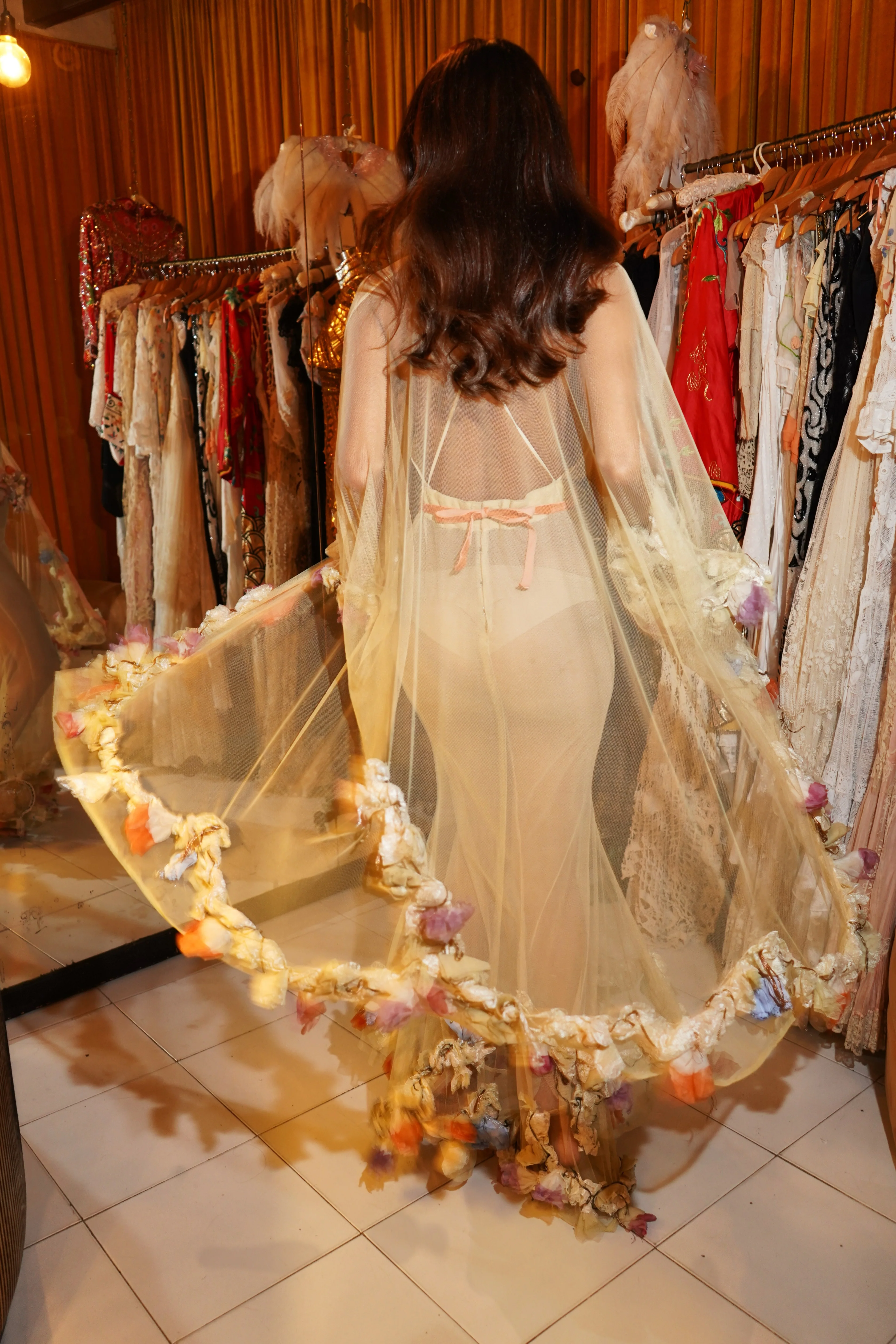 1940s Floral Appliquéd Gown with Sheer Overlay - Image 8