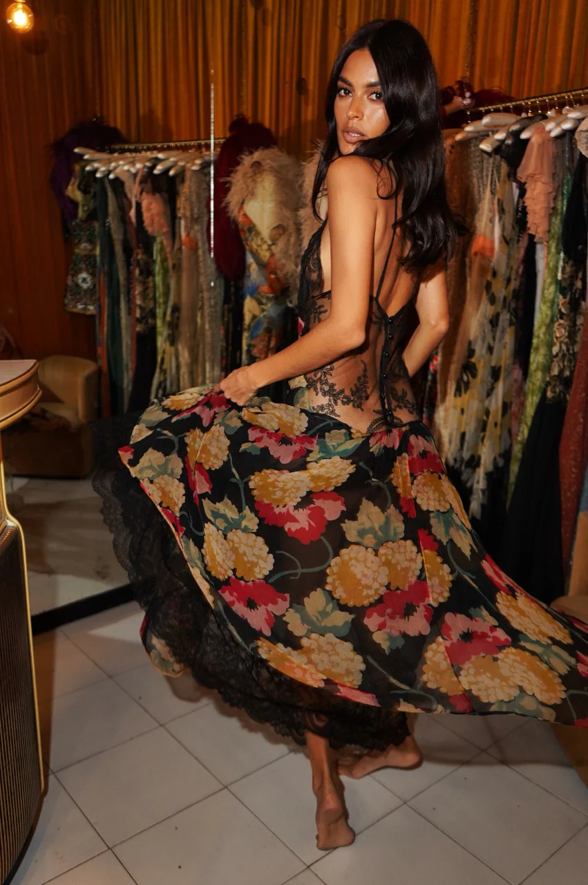 1940s Floral Silk Chiffon Gown with Handmade Lace - Image 7
