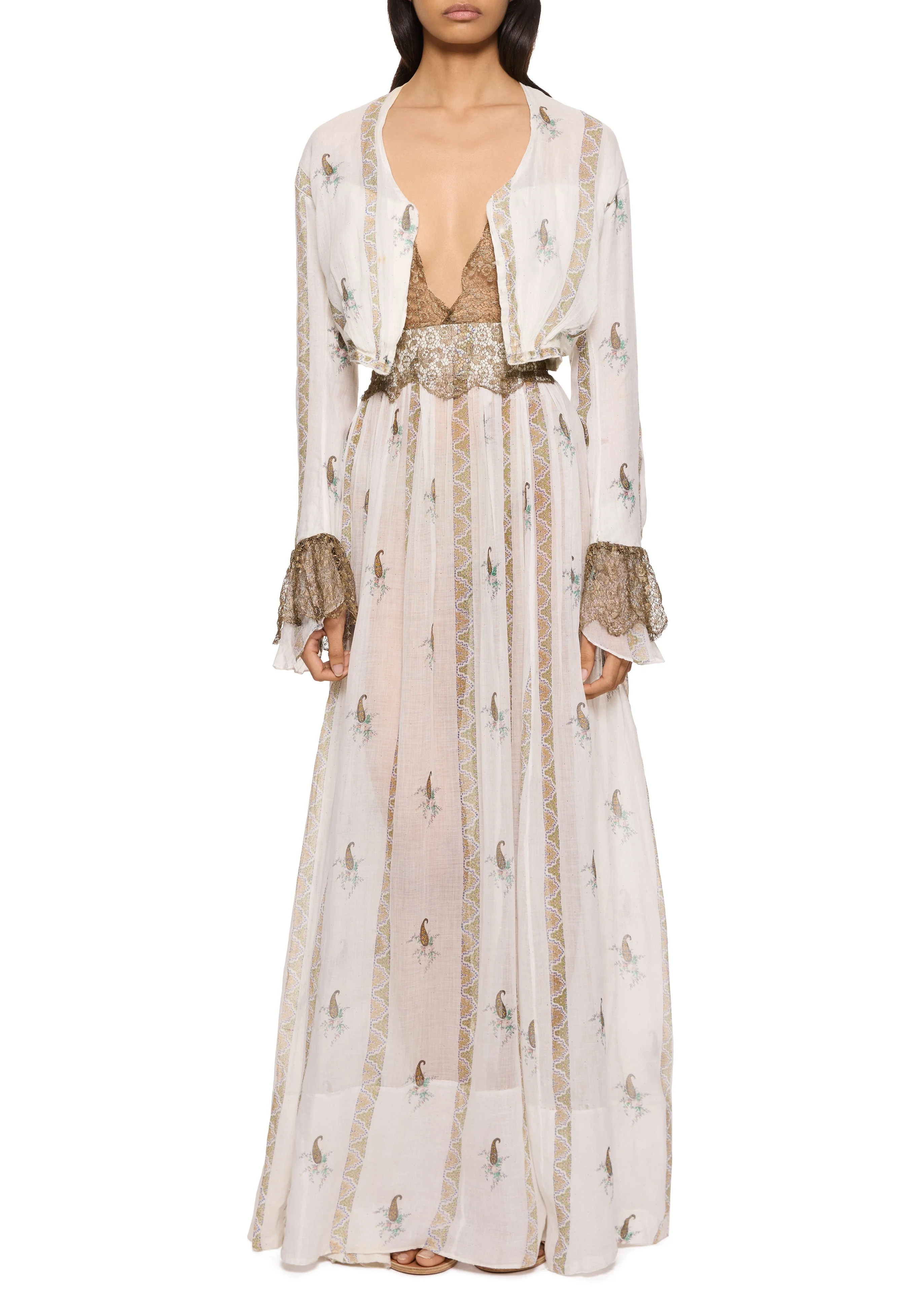1940s Intricate Hand Printed Gown with Over Jacket - Image 4