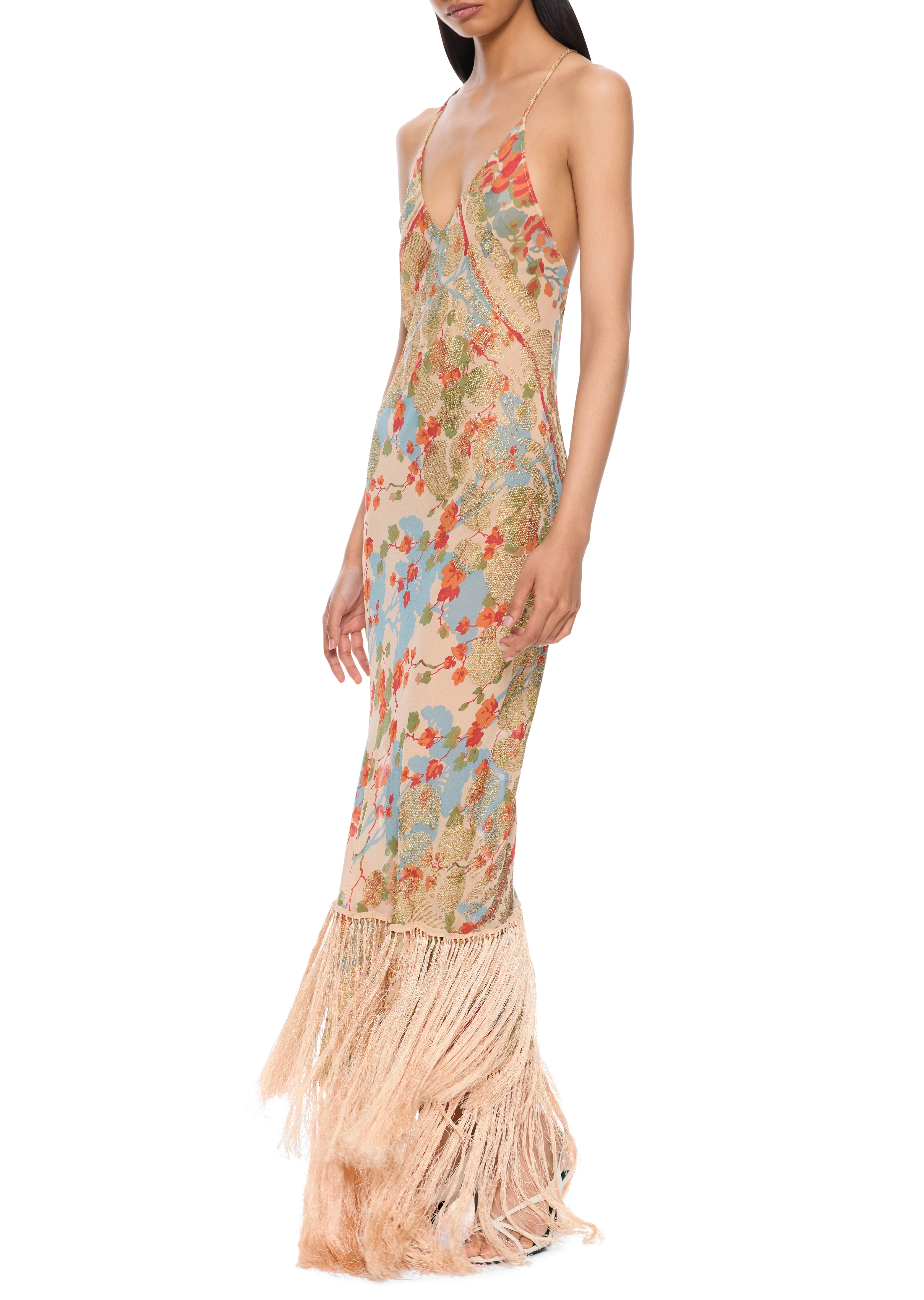 1940s Ivory Floral Print Gown with Fringing - Image 2