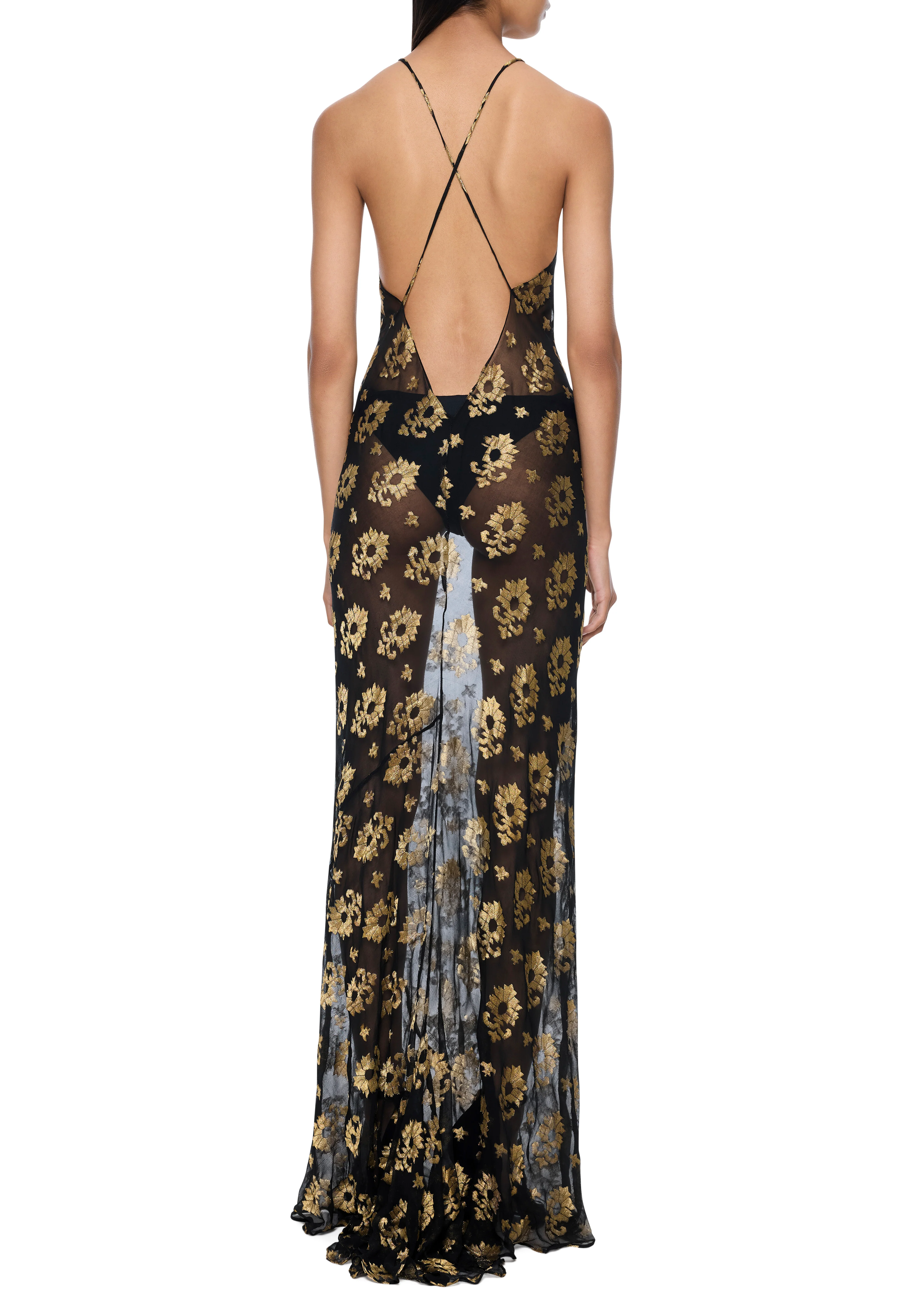 1940s Silk Chiffon Black and Gold Dress - Image 3
