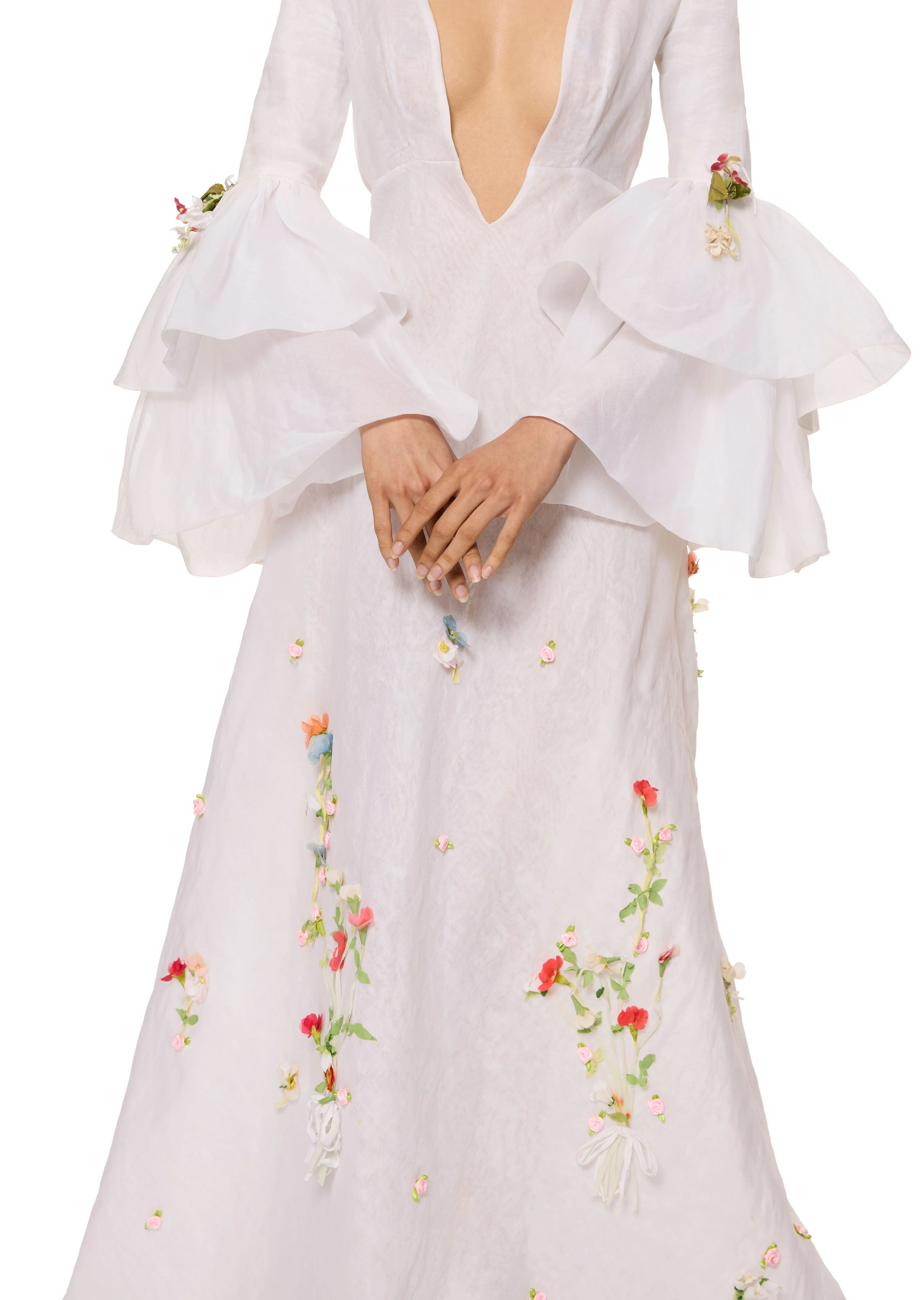 1970s Floral Bell Sleeve Wedding Dress - Image 3