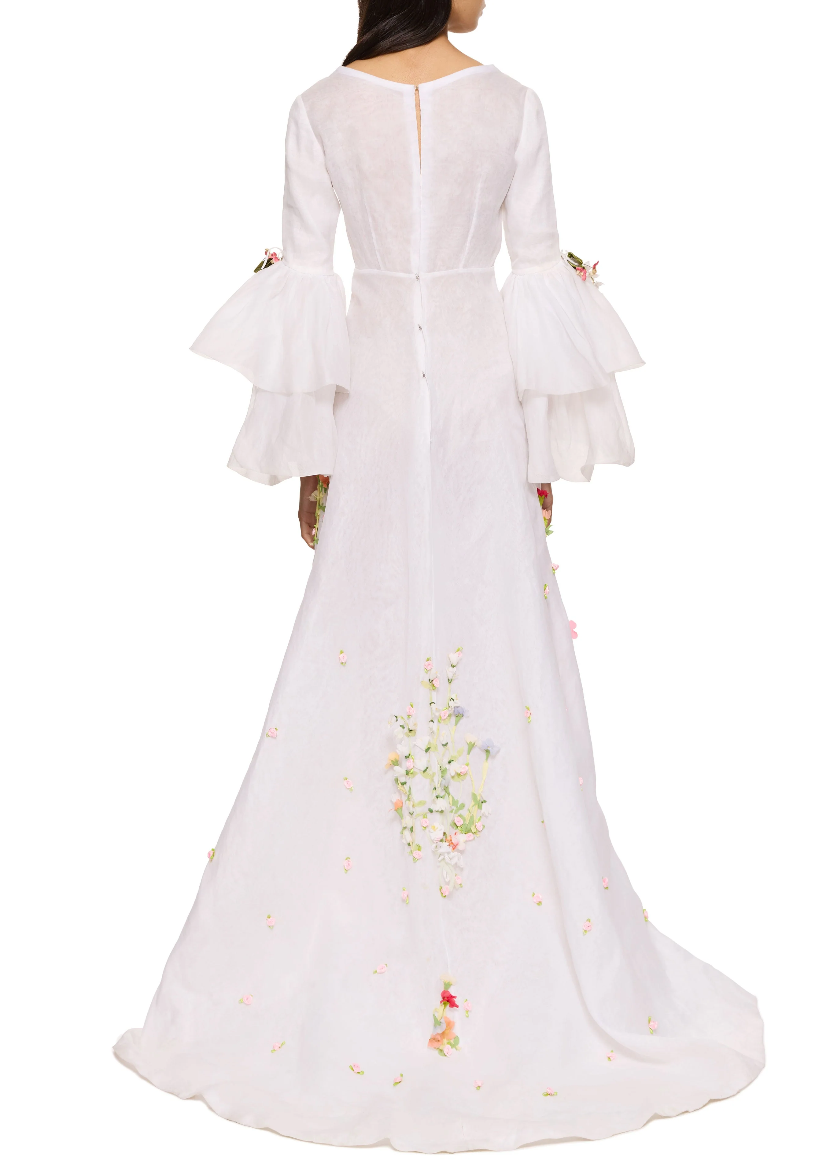 1970s Floral Bell Sleeve Wedding Dress - Image 4