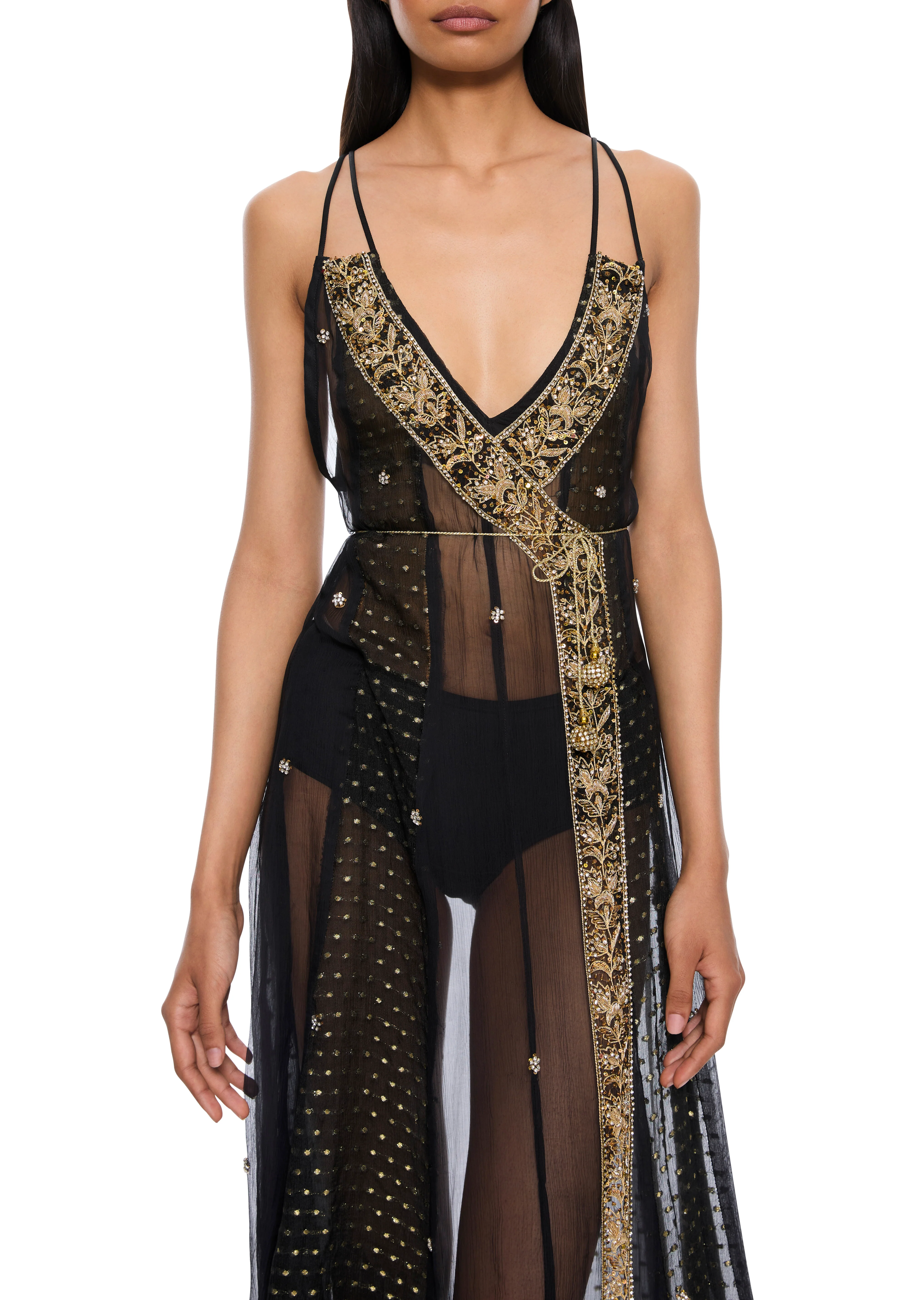 1970s Navy & Gold Sheer Gown - Image 3