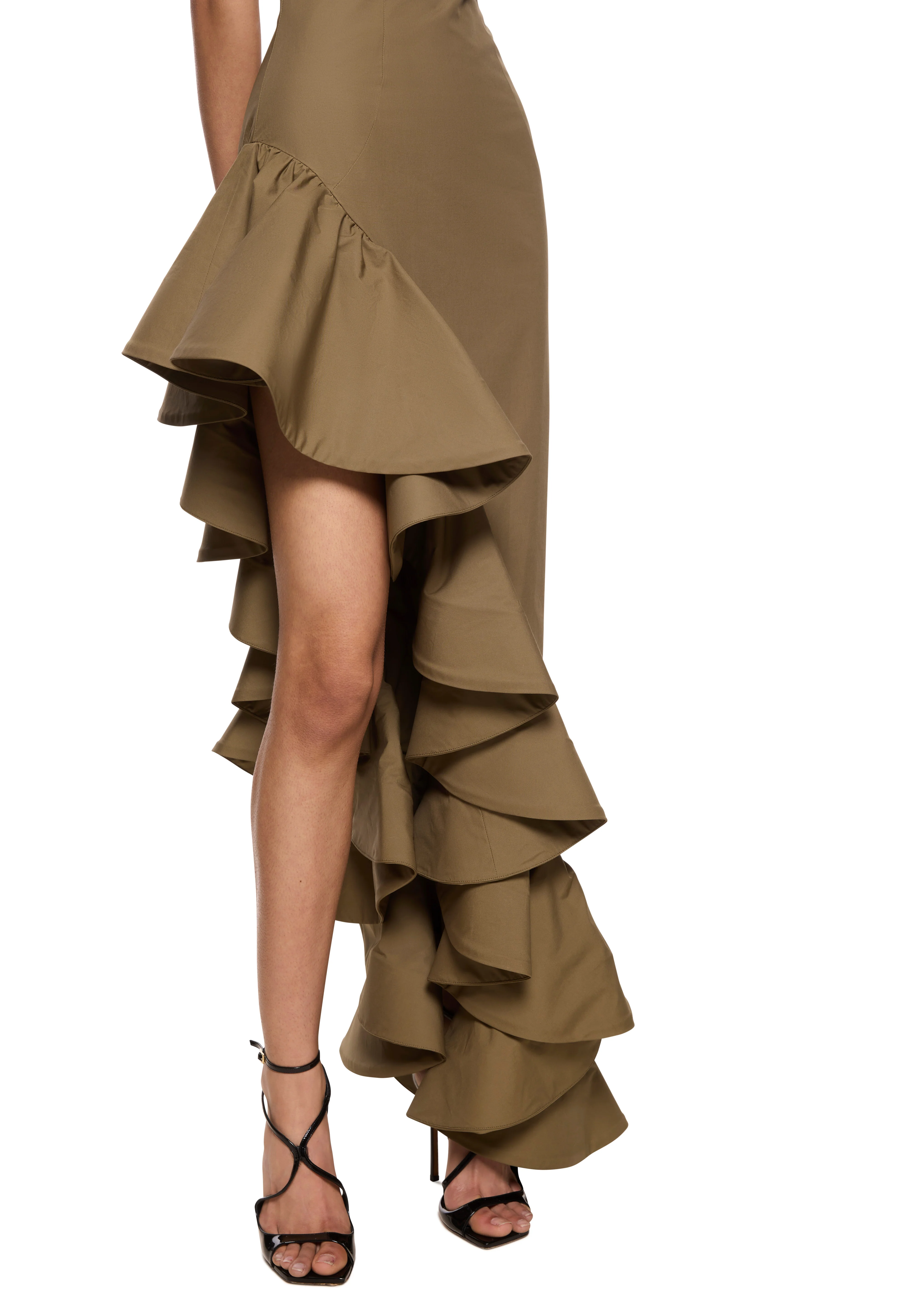 Asymmetric Dress with Flounces - Khaki - Image 3
