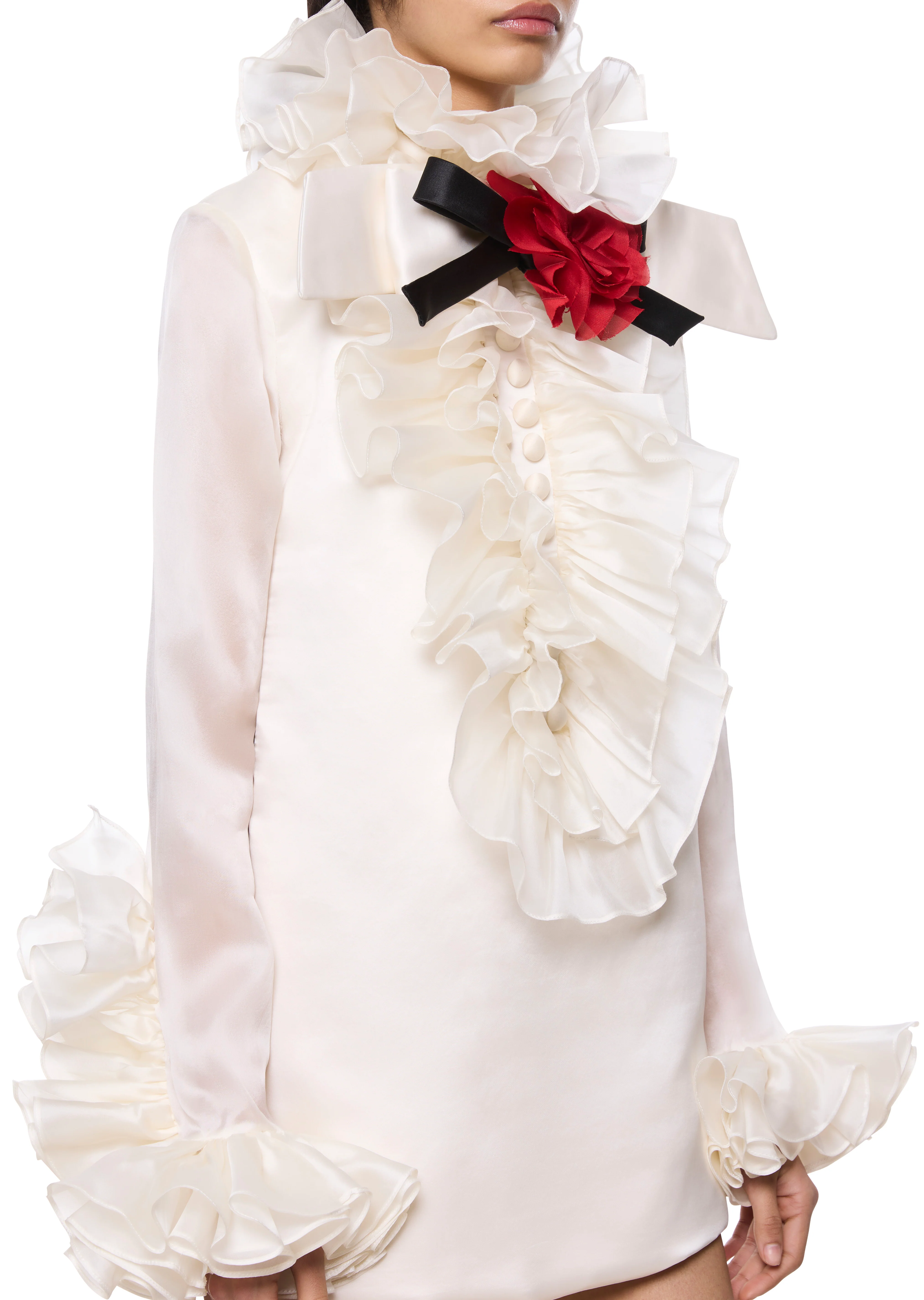 Rose Ruffle Neck Ivory Mini Dress - Image 5