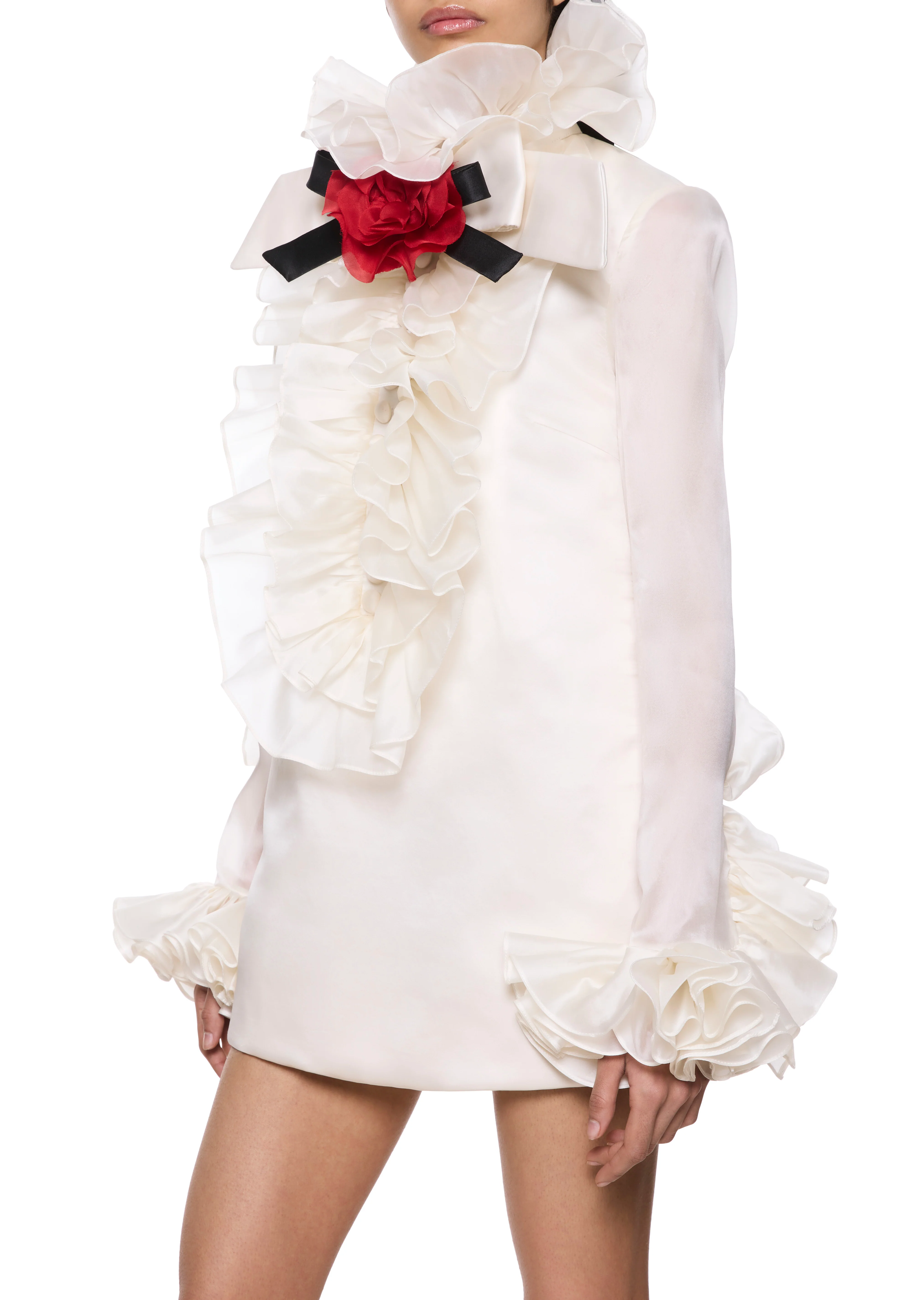 Rose Ruffle Neck Ivory Mini Dress - Image 6
